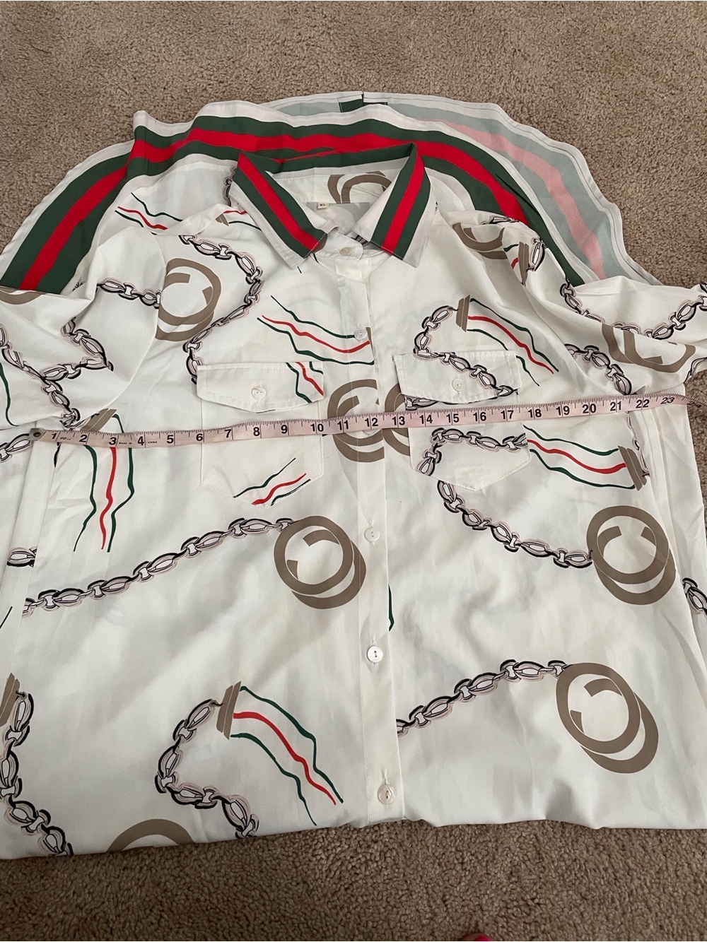 White Chain-Print Long Shirt Dress with Stripe Trim - Picture 4 of 5